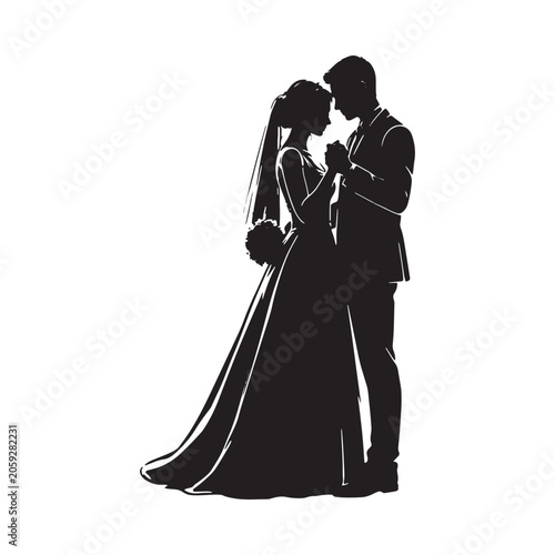 Bride And Groom Silhouette Against White Background Romantic Couple