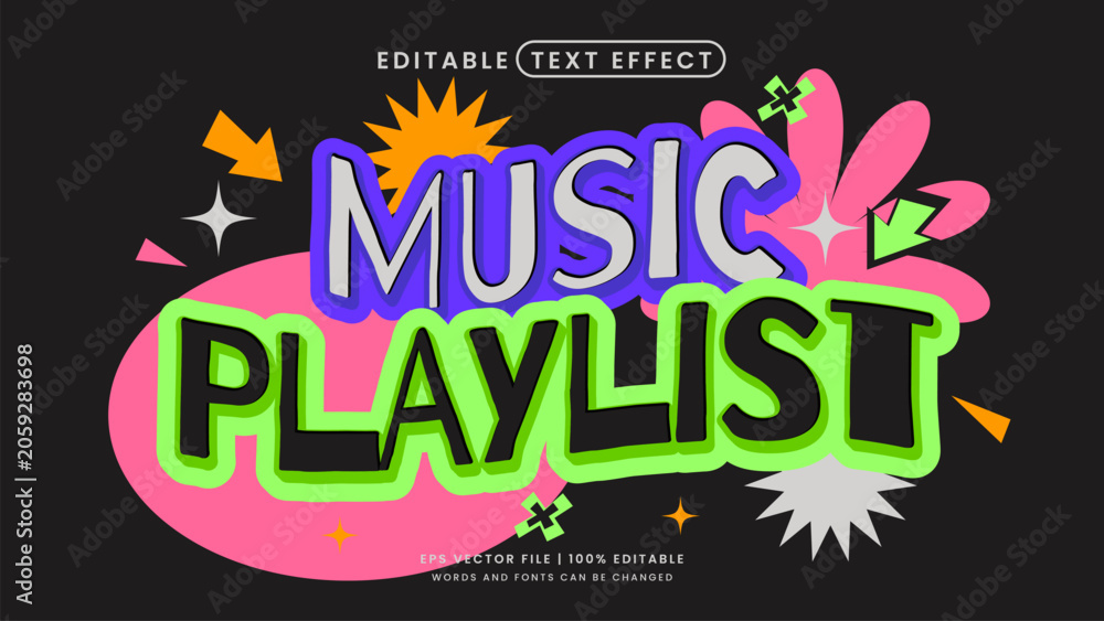 Obraz premium Music playlist text effect. Retro 90s and groovy editable text effect style