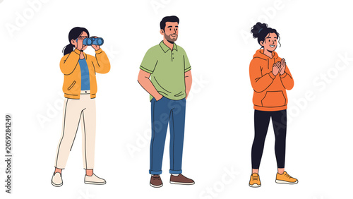 Three diverse people standing together, one taking a photo with binoculars, another looking forward, and the third with hands clasped.