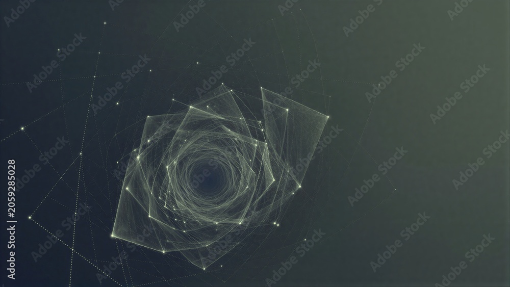 Fototapeta premium Abstract spiral with glowing dots and translucent layers against a dark gradient background.