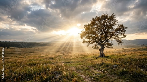 Golden Sun Rays Beam Through Clouds Onto Lone Tree