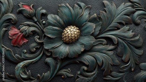 Intricate Floral Relief Sculpture with Golden Centerpiece.