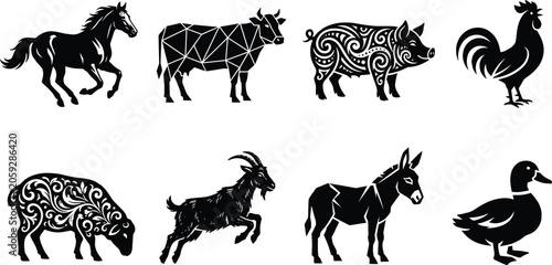 Foto Set of stylized farm animal silhouettes including horse, cow, pig, rooster, shee