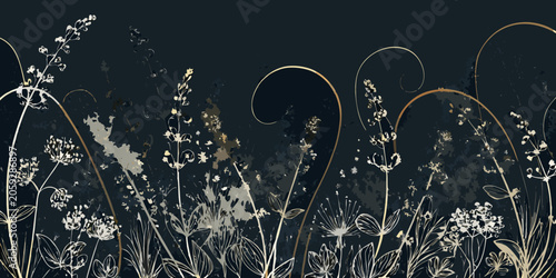Valokuva Floral ornament with wildflowers and swirling stems dark background
