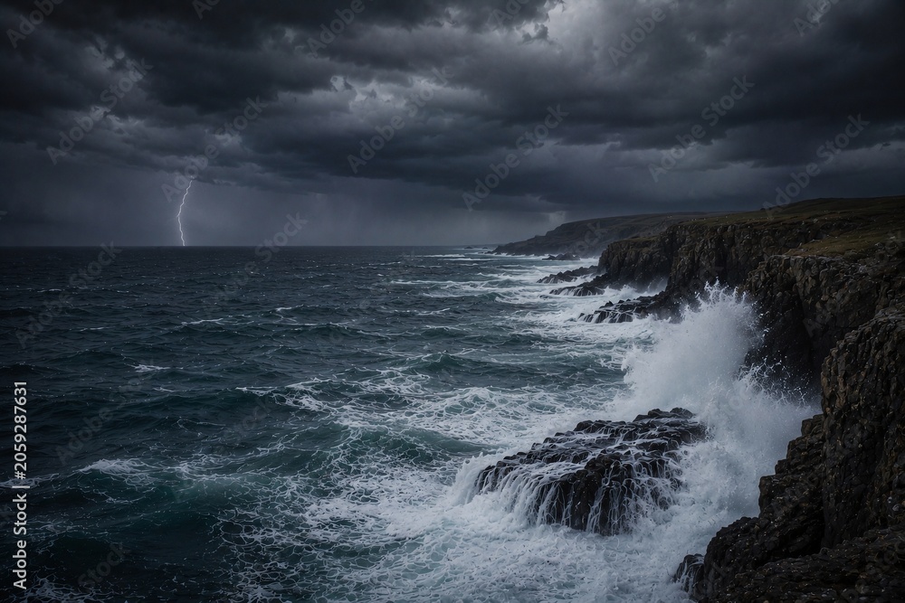 Fototapeta premium Lightning Storm Over Rugged Coastal Cliffs and Turbulent Ocean Waves