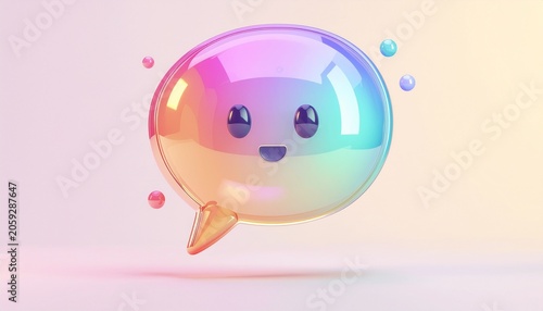 A cheerful cartoon bubble floats in mid-air with a smiling face and colorful gradient.