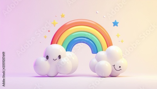Two cartoon clouds with smiling faces are positioned under a vibrant rainbow surrounded by stars.