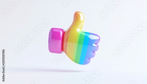 A colorful rainbow thumb up icon floats in mid-air with a pink cylinder behind it on a white background.