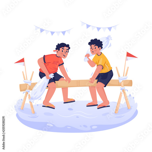 Traditional Pillow Fighting Game Above Water During Independence Day Celebration Vector Illustration