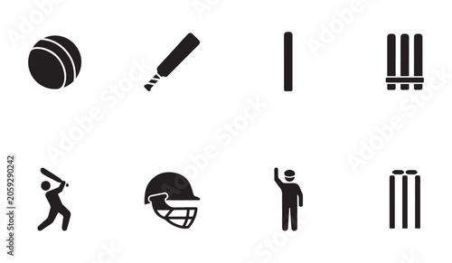 Fotografie Cricket equipment icons set with ball bat helmet wickets and umpire silhouette on white