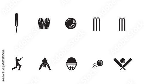 Photos Cricket sport equipment vector icons set on white background for design
