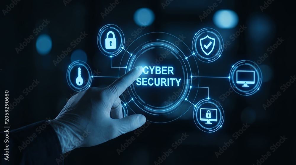 Fototapeta premium Futuristic Holographic Interface: Hand Touching Cyber Security Network Nodes