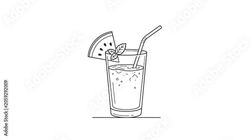 Obraz na plátne A Refreshing Watermelon Drink with a Slice of Fruit and a Straw in a Glass