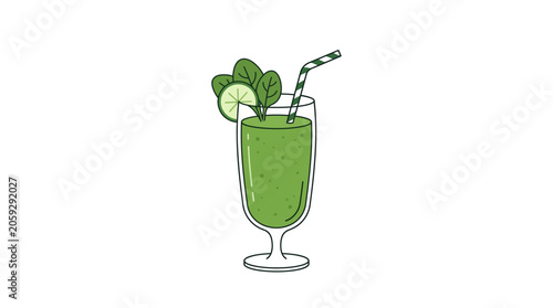 Tableau sur toile Refreshing green smoothie in a tall glass with straw and lime garnish, perfect f