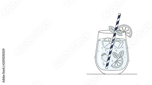 Tableau sur toile Refreshing Summer Drink with Ice, Mint, and Fruit garnished with a Straw and Lem