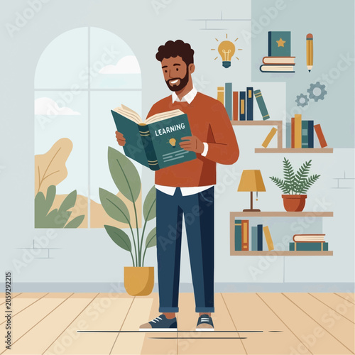 Man reading a book titled Learning in a cozy room with bookshelves and plants