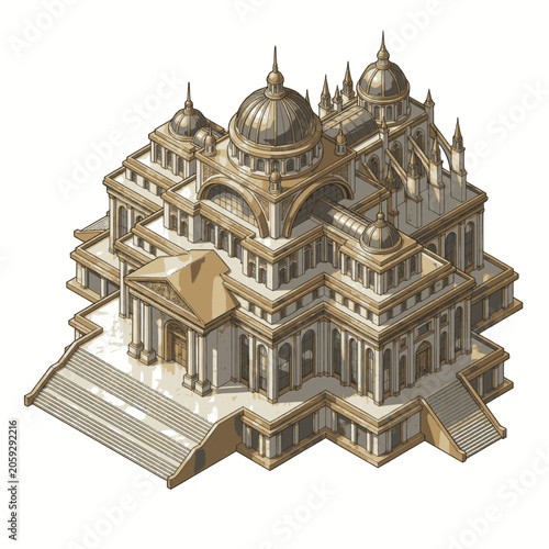 Obraz na płótnie Ornate golden palace with multiple domes and intricate architectural details, presented in an isometric view