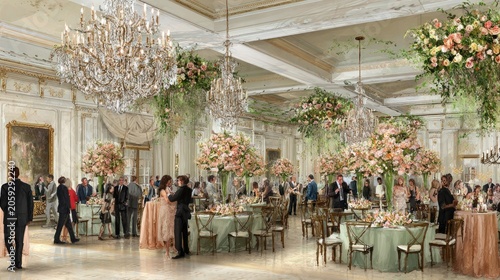 Elegant gathering of people within a grand ballroom richly decorated with crystal chandeliers and opulent floral arrangements