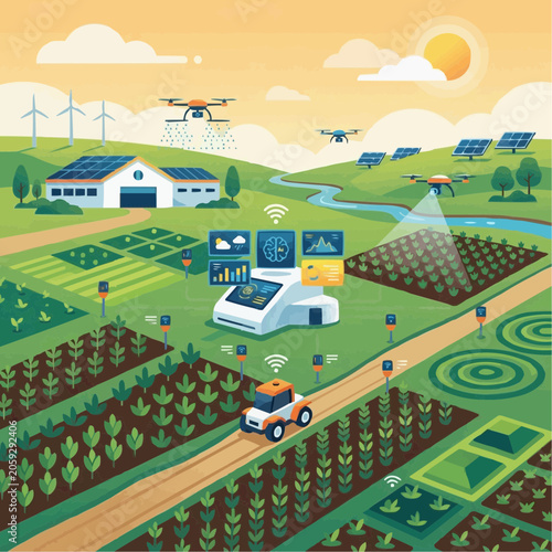 Smart farming technology with drones autonomous tractor and sensors on a green field