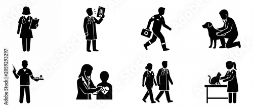 Collection of medical and veterinary staff icons depicting doctors nurses paramedics and vets in various healthcare roles isolated on white