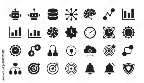 Robotics and data analysis digital icon set featuring ai brain and business statistics.