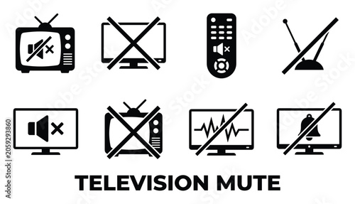 Television mute symbols and icons collection vector set no sound muted tv remote control and signal flat icons.