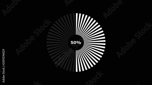 Black and white percentage infographic 100 percent circular progress bar with rays on black background for business finance and education visuals.