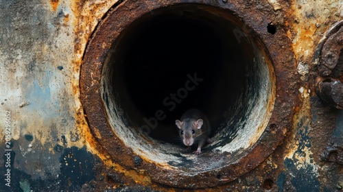Closeup of a rat inside a rusty sewer pipe; rat looking out of a drain in the sewerage system. Rodent problem in the canalization system, unsanitary concept.