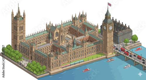 Foto Gothic parliament building and clock tower in isometric style by a river with ci