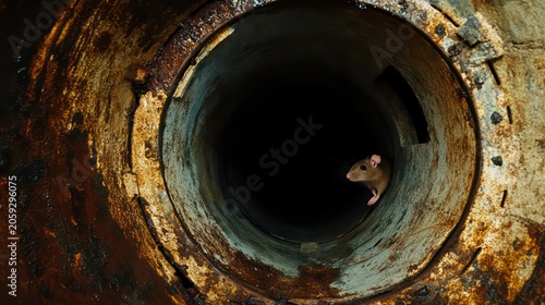 Closeup of a rat inside a rusty sewer pipe; rat looking out of a drain in the sewerage system. Rodent problem in the canalization system, unsanitary concept.