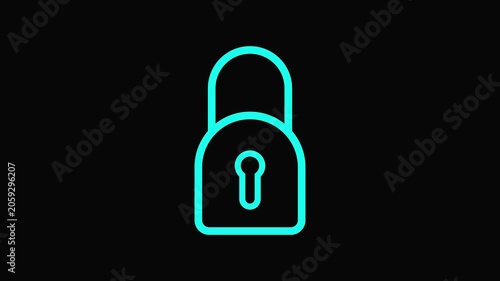 Cybersecurity concept with a neon teal padlock on a black background symbolizing data protection and privacy security.