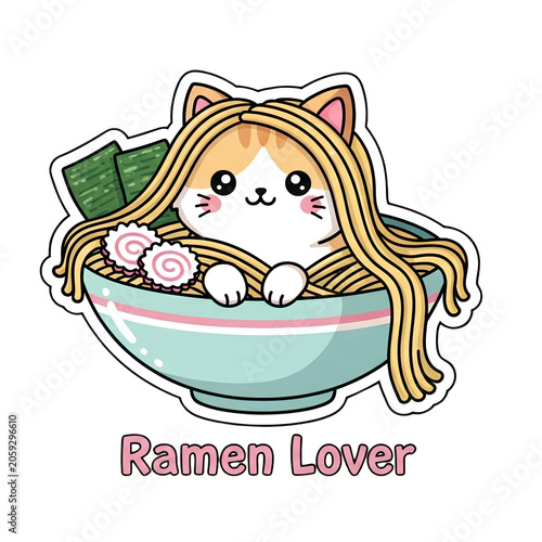 Cute Cartoon Cat Eating Ramen Noodles in Bowl with Chopsticks