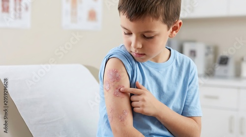 Concerned Young Boy Points to a Skin Rash or Allergic Reaction on His Arm in a Doctor's Office Setting