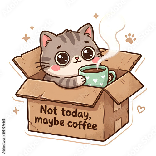 Cute cartoon cat refusing coffee in cardboard box with playful text illustration