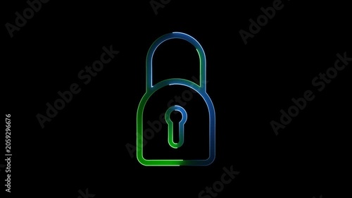 Neon green blue padlock with keyhole on black background security symbol neon padlock blue green lock.