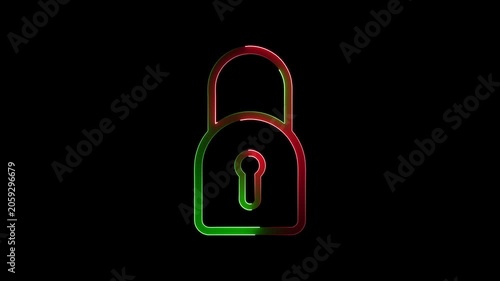 Neon red and green padlock on black background security symbol with glowing effect neon padlock glowing lock.