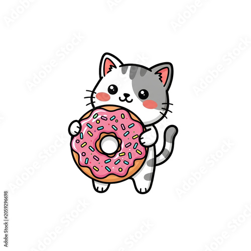 Cute Cartoon Cat Holding Pink Frosted Donut with Sprinkles Isolated on White Background