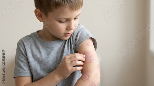Young Boy Suffering from Skin Rash and Itching on Arm, Child with Eczema or Dermatitis Discomfort