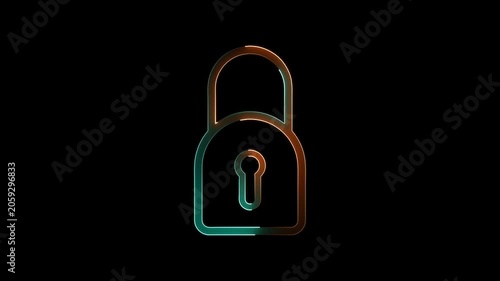 Neon colored padlock with keyhole on black background security symbol protection gradient orange green.