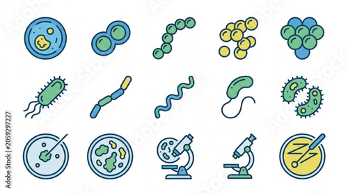 Bild auf Leinwand Various types of bacteria and scientific equipment illustration.