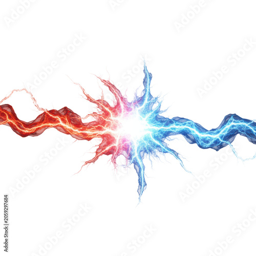 Red-orange plasma and electric blue lightning streams collide into a white-hot core, intricate fractal patterns radiating on a sterile white background, intense energy synthesis concept