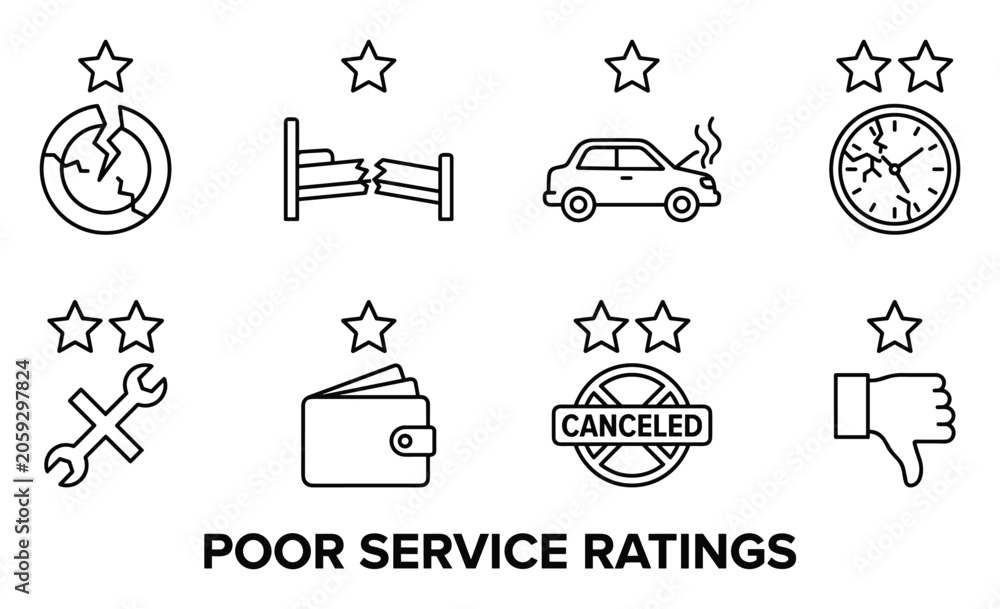 Fototapeta premium Poor service ratings with stars on broken clock car bed wallet cancelled wrench thumbs down.