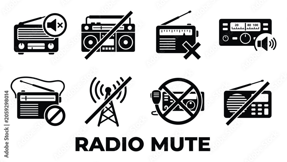 Fototapeta premium Radio mute icons in black and white, symbolizing no audio output from radio devices and sound equipment.