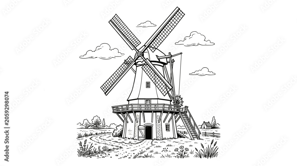 Obraz premium Intricate hand drawn illustration of a traditional windmill surrounded by fields and clouds in a vintage style