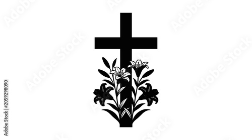 Stark black silhouette of a cross surrounded by elegant floral elements for artistic