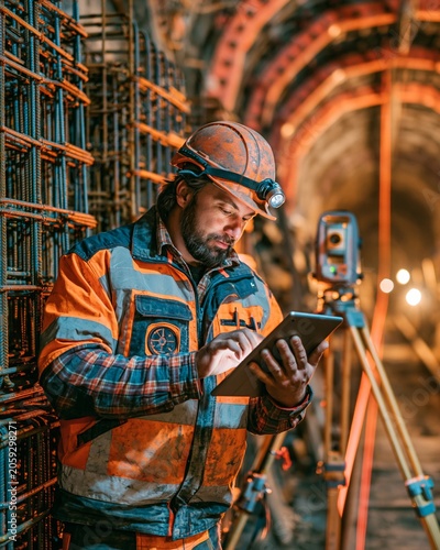 Digital surveyor using tablet alongside laser level framed against stacked rebar cages and tunnel formwork in a dimly lit underground construction site.