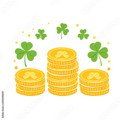 Gold coins and shamrocks illustration on white background