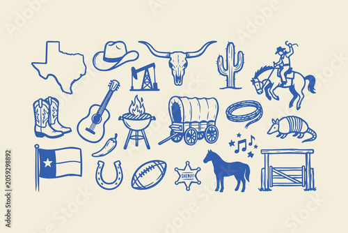 Set of texas theme hand drawn doodle icons featuring cowboy boots hat horse guitar and state map symbols Vector
