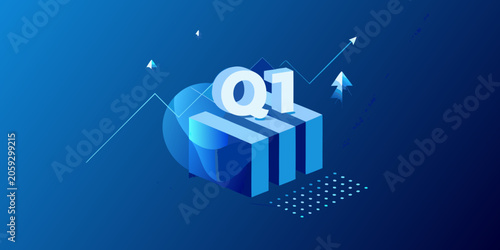 Isometric Q1 Financial Growth Visual With Blue Gradient 3d Rendering