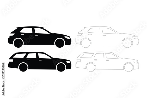Fotografie Station wagon and hatchback car silhouettes and outlines with automobile, hatchb